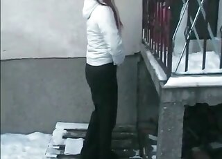 Wintertime poo action even if she is outdoor