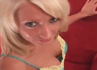 Smiling blonde with a perfect ass loves showing herself off